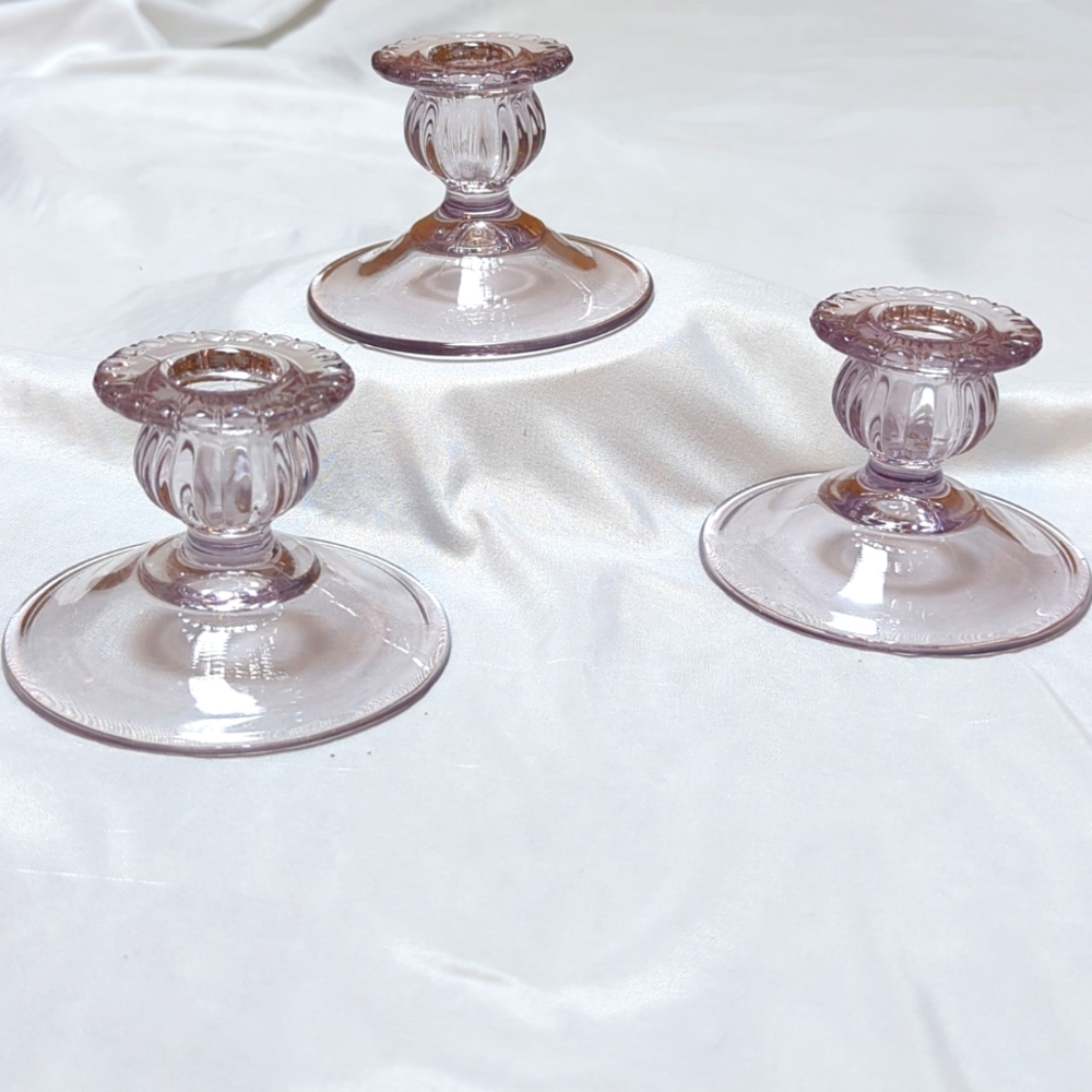 Set of‎ 3 Pressed Glass Lavender Melon Tapered Candle Holders 3" Tall